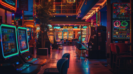 Empty casino with brightly lit slot machines and silent gambling tables, no people visible.の素材