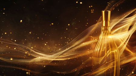 Elegant luxury cosmetic ad featuring a golden translucent bottle with dynamic satin elements, set against a rich dark backgroundの素材