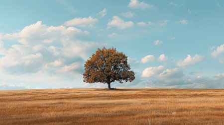 Isolated tree rising above the horizon in an expansive field, representing strength and resilience amidst solitude.の素材
