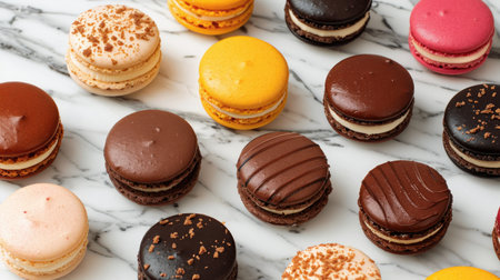 Macarons artistically arranged on a marble surface, showcasing their intricate details and vibrant colors.の素材
