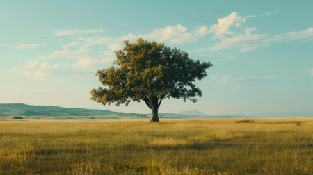 Impressive tree standing alone in a vast expanse of grassland, symbolizing solitude and timeless natural elegance.の素材