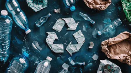 Iconic recycling symbol surrounded by recyclable waste components like plastic bags and glass bottles, encouraging sustainable living practicesの素材