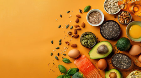 Nutrient-rich keto diet essentials such as salmon, avocado, eggs, nuts, and seeds arranged on a vibrant background, ready for use in health and wellness content.の素材