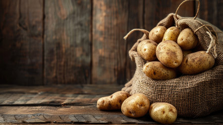 Abundant potatoes displayed in a rustic sack on a wooden table, providing an ideal space to incorporate your message or promotional content.の素材