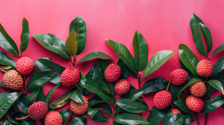 Plump lychee fruits nestled among verdant leaves, against a vibrant pink background, promising a burst of tropical sweetnessの素材