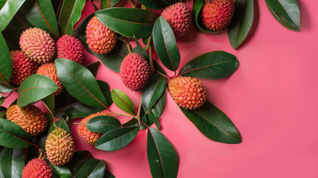 Plump lychee fruits nestled among verdant leaves, against a vibrant pink background, promising a burst of tropical sweetnessの素材