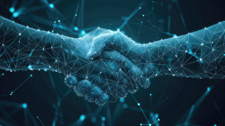 Digital handshake symbolizing business partnership. Abstract two hands in lines, connected dots, and triangles on a blue technology background, representing innovation and collaborationの素材