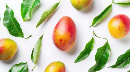 Vibrant mango hovering gracefully amidst green foliage against a white backdrop, symbolizing the essence of tropical allure and flavorの素材