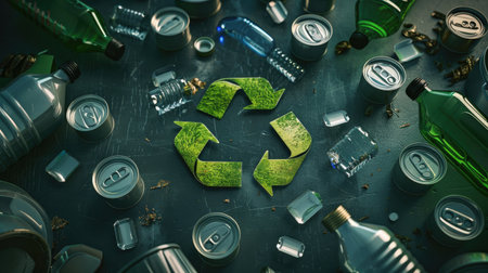 Recycling emblem surrounded by recyclable materials such as glass jars and aluminum cans, advocating for environmental responsibilityの素材