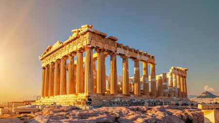 Greek legacy: The Parthenon in Athens, Greece, bathed in golden light, representing its importance as a historical and tourist siteの素材