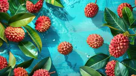 Succulent lychee fruits and vibrant leaves displayed on a refreshing blue background, inviting a burst of sweet refreshmentの素材