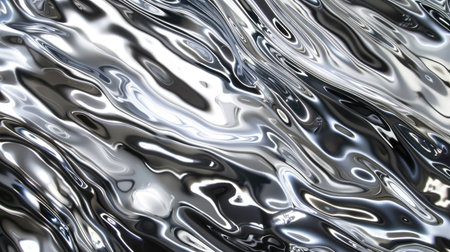 Abstract composition featuring shimmering silver liquid chrome and intricate, glossy metal waves, capturing modern eleganceの素材
