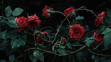 Blood-red roses entwined with curly vines, thorns, and lush green leaves against a stark black background, capturing a darkly romantic aesthetic.の素材