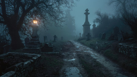 An eerie night scene in an abandoned cemetery: a muddy path disappears into mist, surrounded by dark tombstones and fogの素材