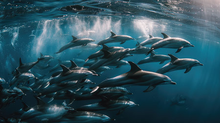 Captivating dolphin pod swimming gracefully in unison, their synchronized movements a mesmerizing spectacle of underwater harmonyの素材