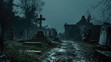 A spooky, abandoned cemetery at night: a muddy path winds through eerie tombstones under a dark, foggy sky, evoking mystery.の素材