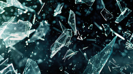 Broken glass fragments suspended mid-air against a dark background, highlighting the aftermath of a dramatic shatter.の素材