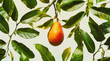 Mango seemingly suspended in space surrounded by fresh green leaves, presenting a delightful tropical tableau against a white backgroundの素材