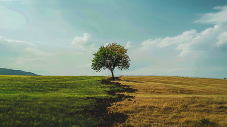 A striking visual of a solitary tree standing tall in a field split between lush green and arid ground, highlighting climate variation.の素材