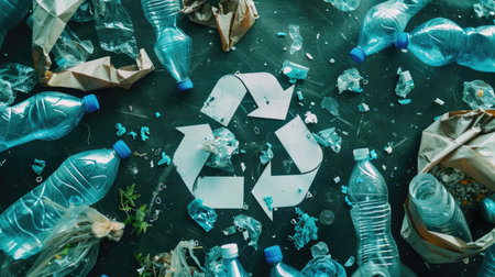 Iconic recycling symbol surrounded by recyclable waste components like plastic bags and glass bottles, encouraging sustainable living practicesの素材