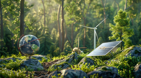 Clean energy solutions for International Day of Forests: Solar panel, windmill, and earth globe on a forested landscape, advocating for renewable energy and eco-friendly practicesの素材