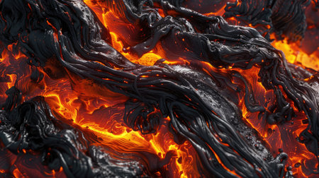 Fiery flow: Close-up of hot molten lava with vivid magma textures, showcasing the intense heat and vibrant colors of flowing magmaの素材