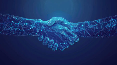 Futuristic business partnership concept. Abstract digital handshake with two hands formed by lines, dots, and geometric shapes on a blue tech background, symbolizing connectivity and teamworkの素材