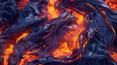 Fiery flow: Close-up of hot molten lava with vivid magma textures, showcasing the intense heat and vibrant colors of flowing magmaの素材