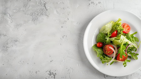 Fresh salad on a white plate with space for textの素材