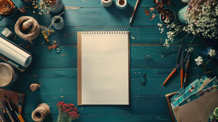 Top view of a craft table with a blank notepadの素材