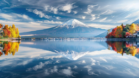 Japanese serenity: Mount Fuji, reflected in the tranquil waters of Lake Kawaguchi, showcasing its natural beauty and allure for touristsの素材