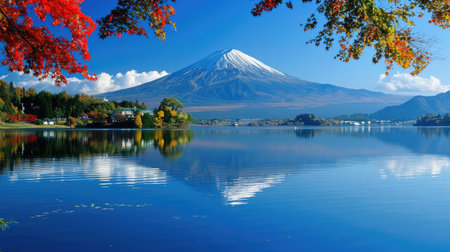 Japanese serenity: Mount Fuji, reflected in the tranquil waters of Lake Kawaguchi, showcasing its natural beauty and allure for touristsの素材