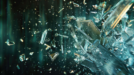 Shards of shattered glass fly through the air against a dark backdrop, capturing the moment of impact and chaos.の素材