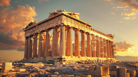 Greek legacy: The Parthenon in Athens, Greece, bathed in golden light, representing its importance as a historical and tourist siteの素材
