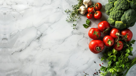 Top view of a clean kitchen counter with fresh vegetables, ideal for recipe textの素材
