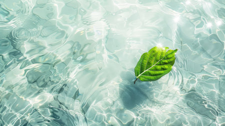 Clean white water with one green leaf, captured from above, showcasing natural beauty and sunlight reflections for a refreshing backdropの素材