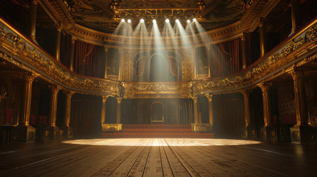 Empty classical theater with intricate golden decorations, captured from the stage with a spotlight highlighting the ornate interior.の素材