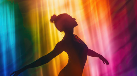 Capture the essence of movement and rhythm with a dancer's silhouette against a colorful backgroundの素材