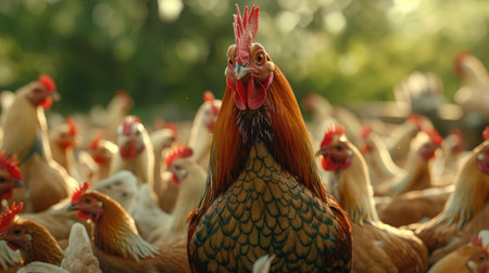 Portrait of a proud rooster standing amidst a flock of hens, exemplifying leadership and vitality in the barnyard.の素材