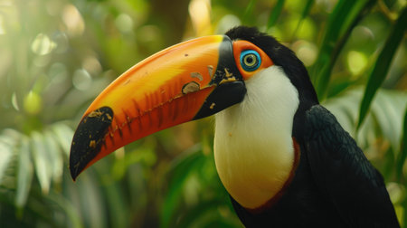 Close-up of a Toco Toucan, its colorful beak standing out against the green expanse of the Amazon forest.の素材