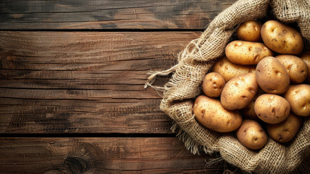 Freshly harvested potatoes displayed in a traditional burlap sack on a rustic wooden background, creating a picturesque scene for communicating your message.の素材