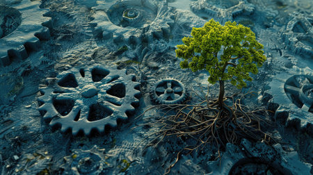 Interconnected gears evolving into a growing tree, symbolizing technological advancement and environmental health.の素材