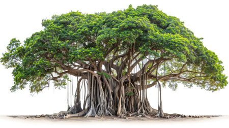 Stunning banyan tree with sprawling branches and dense aerial roots, beautifully isolated on a white backgroundの素材