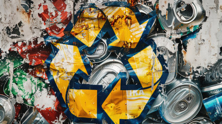 Recycling logo overlaid with images of recyclable materials such as steel cans and milk cartons, promoting environmental stewardshipの素材