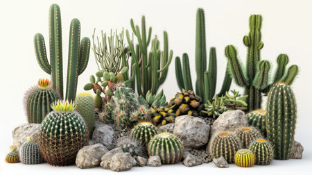 Cactus garden with various species arranged on a white background, emphasizing their diverse forms.の素材