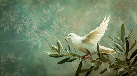 Amidst nature's beauty, a white dove glides on a green olive branch, a poignant reminder of peace's enduring significance.の素材