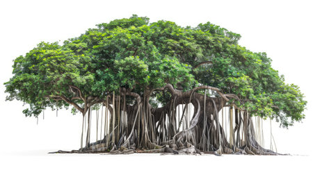 Magnificent banyan tree with extensive aerial roots, artistically isolated on a white background.の素材