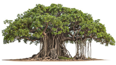 Magnificent banyan tree with sprawling aerial roots, isolated on a white background.の素材