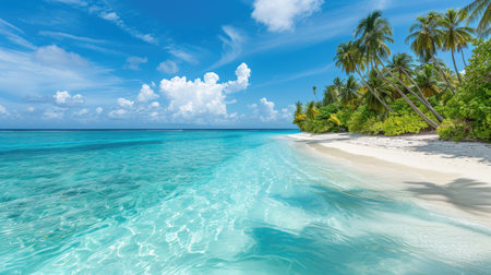 Expansive white sand beach on a tropical island, with sparkling blue waters and palm trees swaying in the breeze.の素材