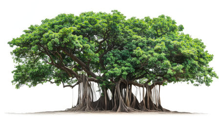 Graceful banyan tree with prominent aerial roots forming intricate patterns, isolated on a white background.の素材